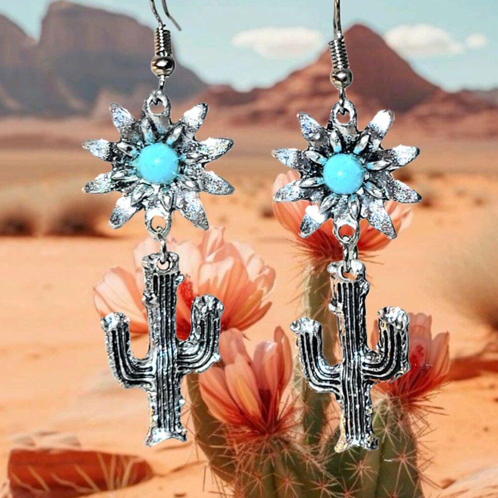 Cactus Sunflower Turquoise Rustic Western Antique Finish Dangle Earrings